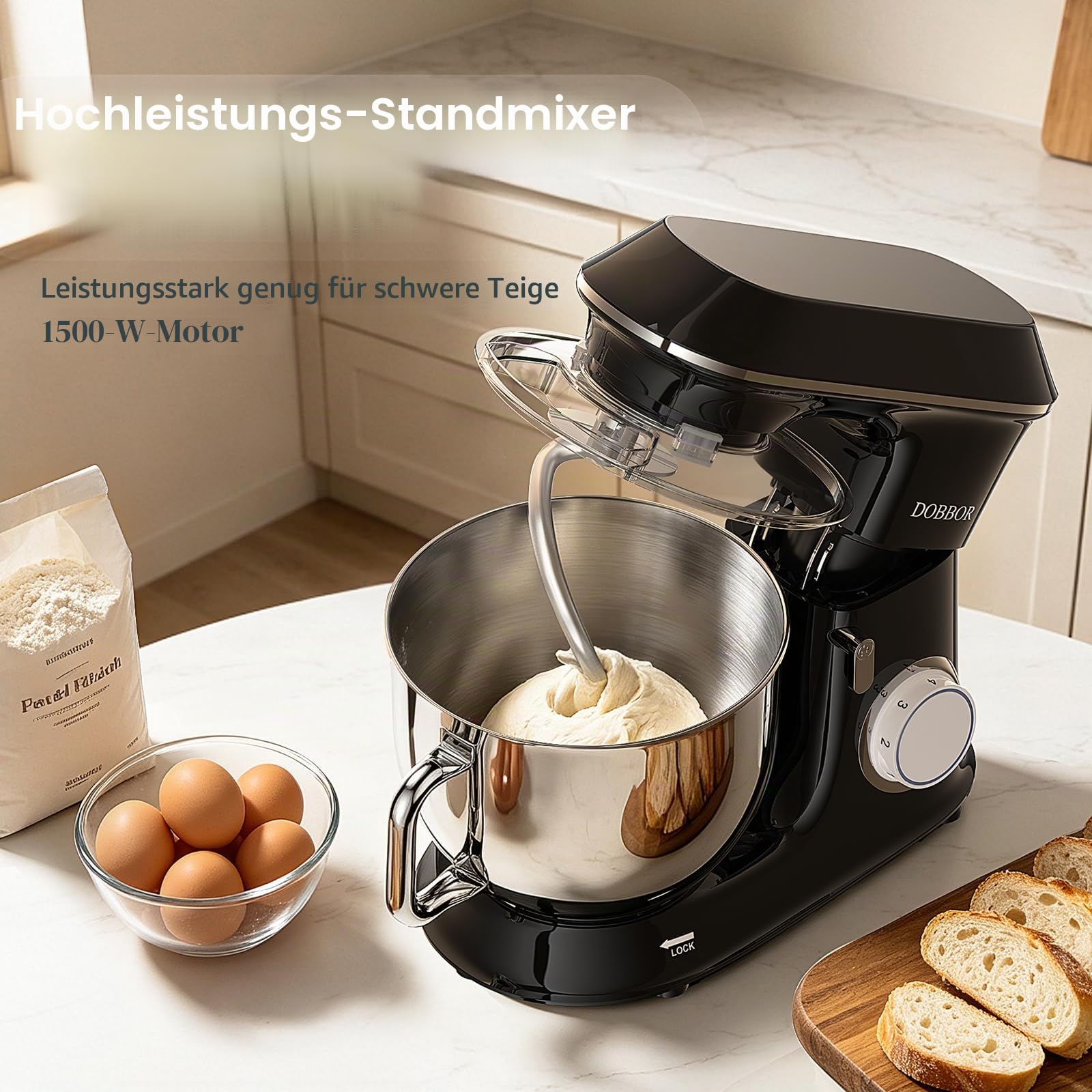 9.5L Küchenmaschine Knetmaschine 1500W, DOBBOR Rührmaschine mit Rührbesen, Knethaken, Schlagbesen, Spritzschutz, 7 Geschwindigkeit Planetarisches Rührsystem, leise und multifunktional. (Black)
