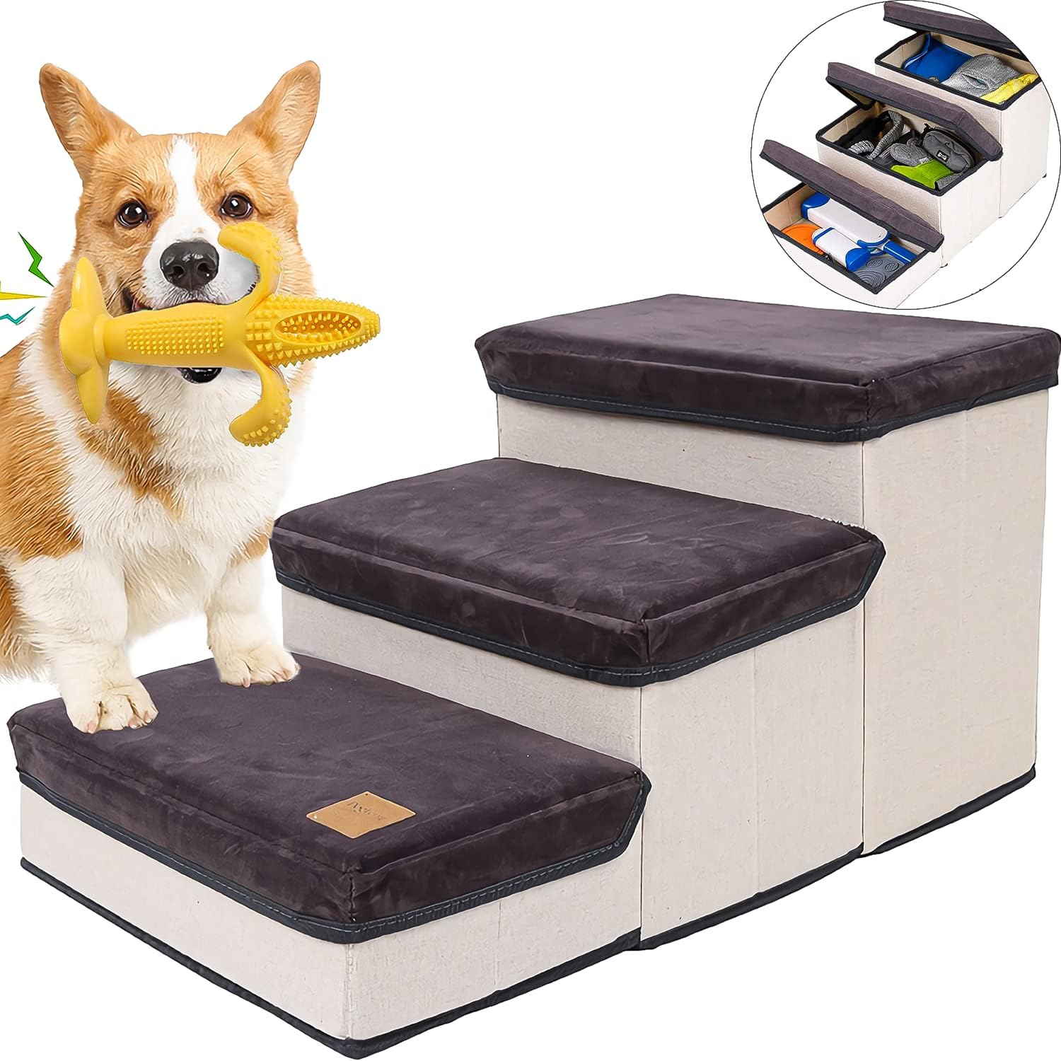Westhood Dog Stairs Foldable Pet Steps, Dog Chew Toy, 3 Steps Dog Steps Pet Ladder with Storage, Pet Ramp for Climbing Sofa Bed, Pet Stepper, Dog Ramp for Small Dogs Cats (Grey color)