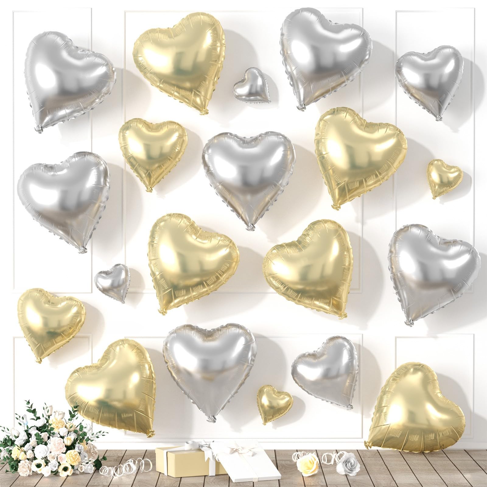 Saxuxu Gold Silver Heart Balloons, 20 Pcs 5/10/18 inch Heart Shaped Foil Balloons for Valentine's Day Decorations, Wedding
