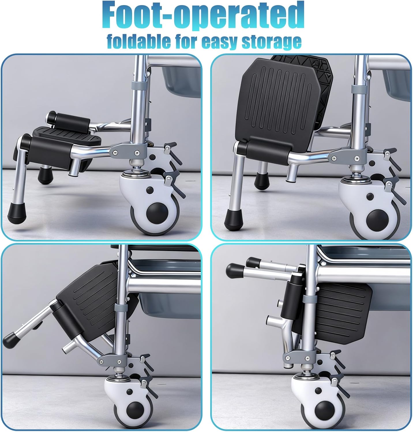 4-in-1 Rolling Bedside Commode & Adjustable Raised Toilet Seat, Mobile Shower Chair with Handles for Elderly, Disabled & Pregnant, 380 lbs Capacity