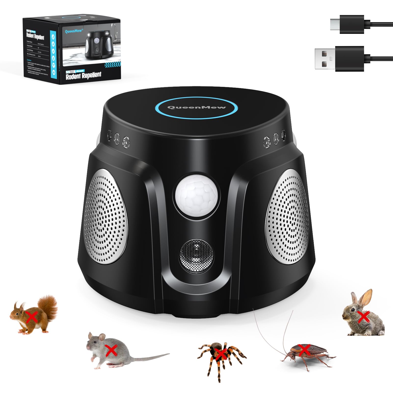 Ultrasons Souris et Rats avec 3 Emetteurs à Ultrasons, 3 Modes Anti Souris Répulsif Souris Brancher avec 9 Lumières Stroboscopiques, 360° Anti Rongeurs pour Rat Araignée Moth