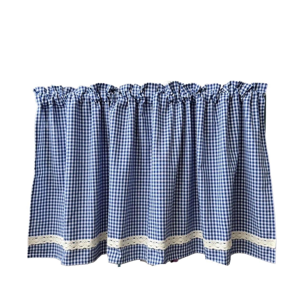 BDFJEDS Cabinet Curtain Plaid Lace Trim Kitchen Short Curtains Rod Pocket Window Valance Cafe Curtain For Cabinet Sink(Blue,ROD POCKET_1PC W140XH100CM)