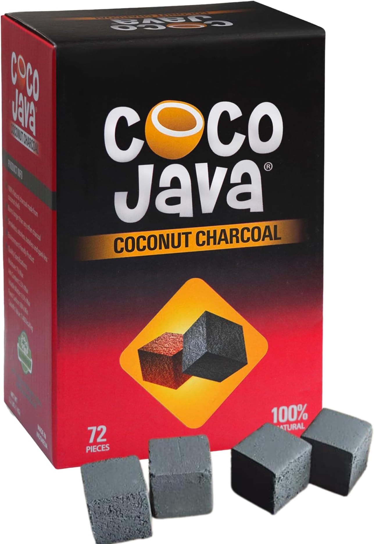 Natural Coconut Charcoals Includes 72 Pieces Charcoal Cubes, Coconut Shell Charcoal Perfect for Cooking and Grilling, Coco Java Charcoal Burns Longer and Cleaner - 25mm Coconut Cubes (1KG)