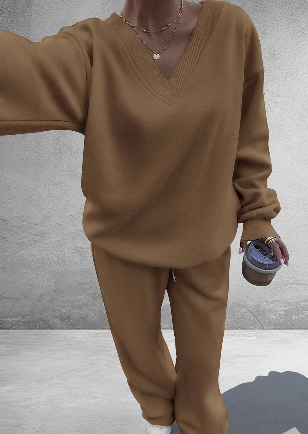 PRETTYGARDEN Casual Winter Two Piece Sets for Women 2026 V Neck Sweatshirt Loose Wide Leg Pants Tracksuit Knit Fall Outfits - Image 4