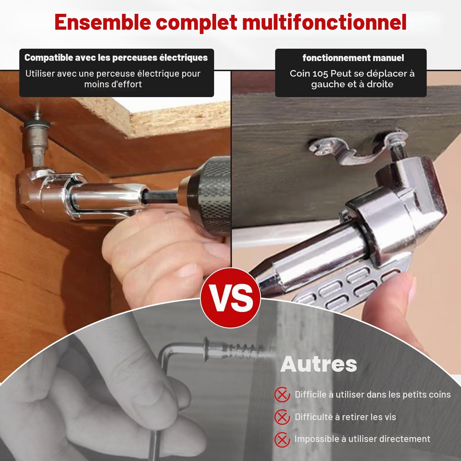 Gueenky 2 Pièces Renvoi D'Angle Visseuse, 105° Adaptateur de Perceuse à Angle avec Embout Visseuse, Foret à Angle Droit à Tige Hexagonale 1/4'' pour Perceuse Tournevis Adaptateur