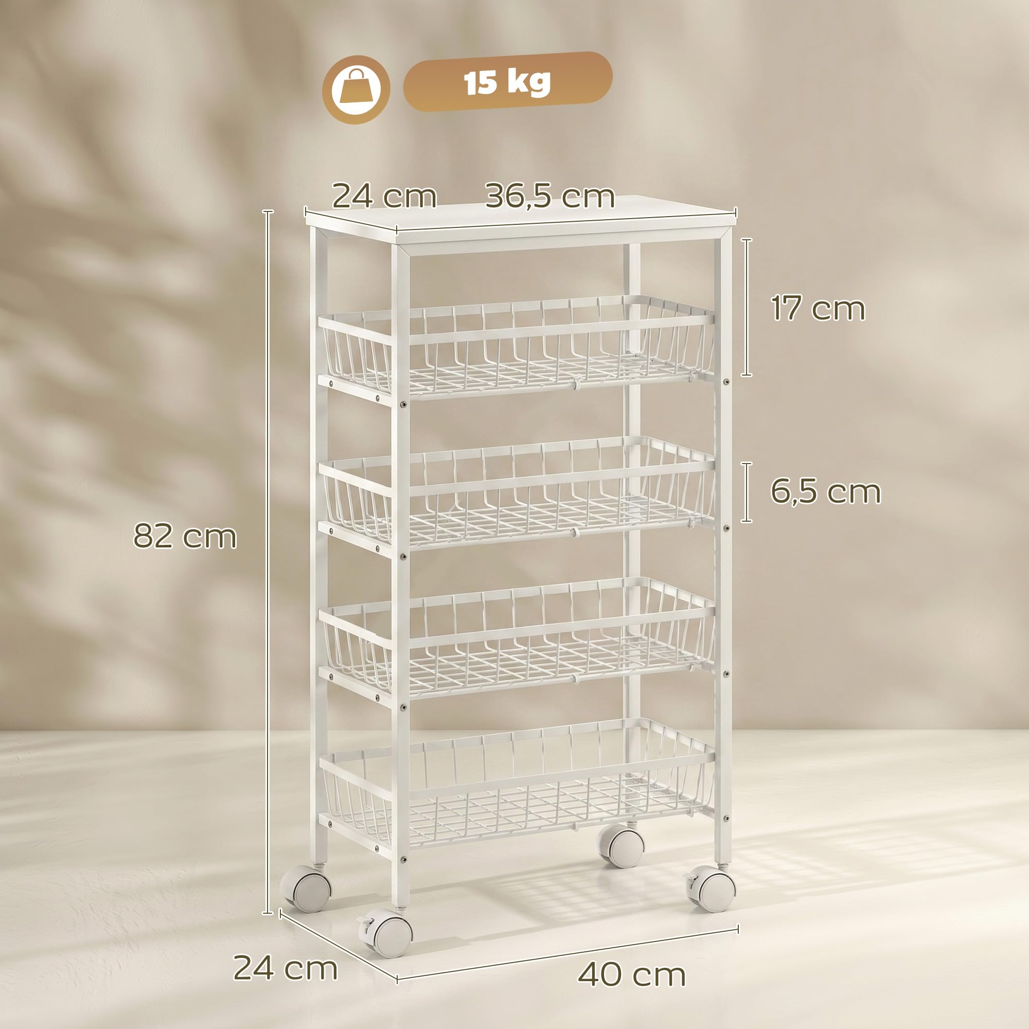 HOMCOM Carrito Auxiliar con Ruedas 4 Cestas Extraíbles 15 kg Blanco | Carrito de Cocina, Marco Metálico, para Comedor, Sala de Estar, Baño, 40x24x82 cm