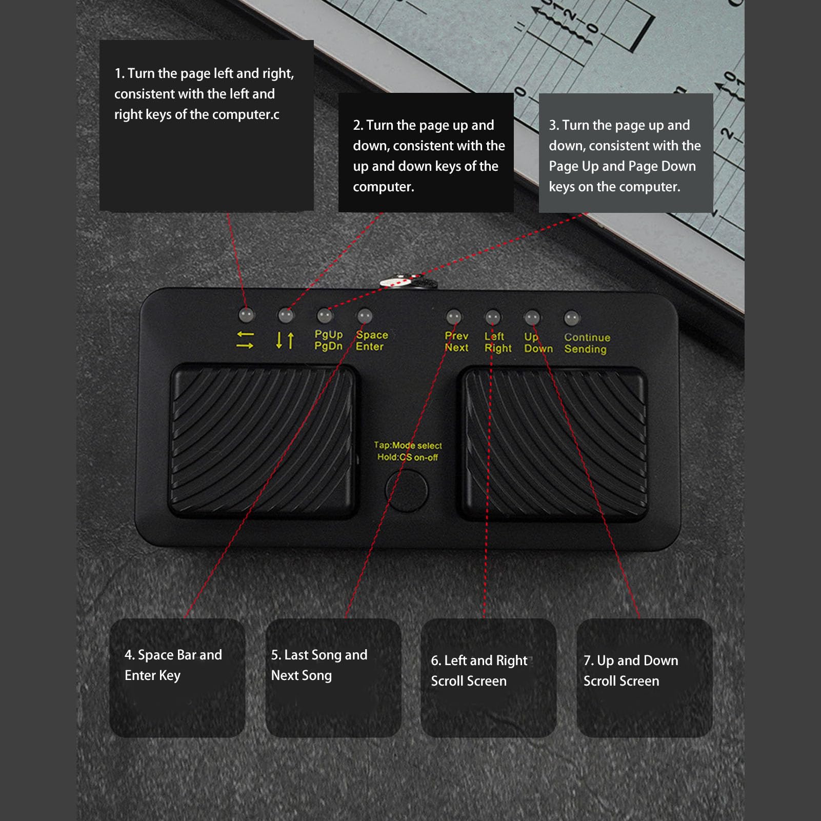 Volteador de Página Bluetooth, Operación Silenciosa Inalámbrico Pedal de Partituras Controlador de Pie para Músicos Piano Guitarra Ensayos Escenario Estudio Grabación