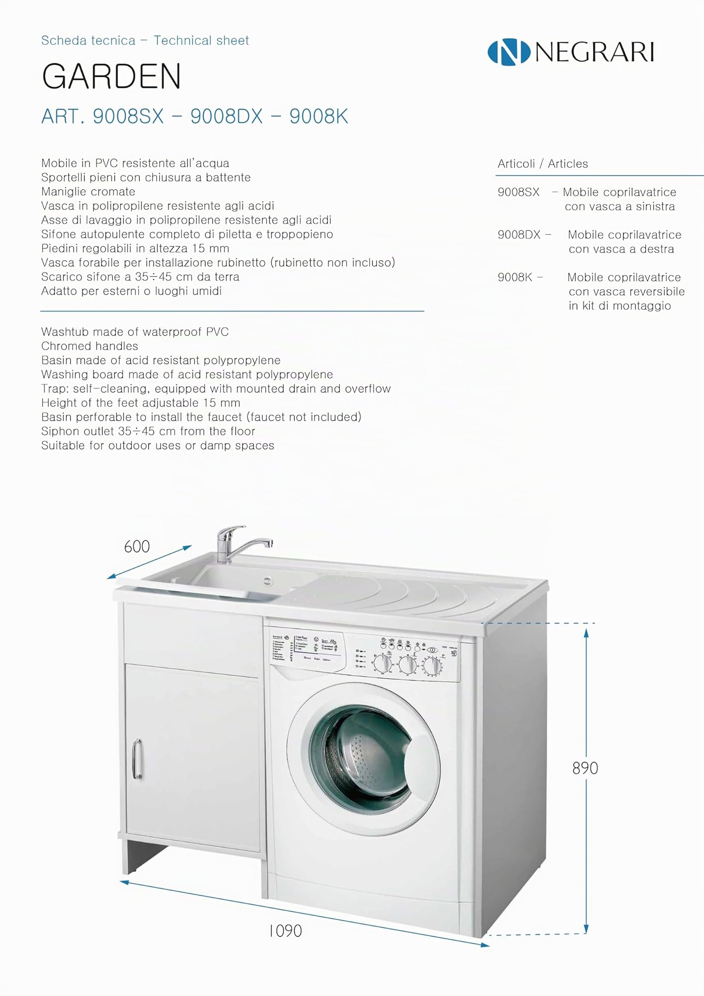 Negrari composizione, Lavatoio Coprilavatrice + Specchio + Pensile in Resina, Resistente all'umidità, Vasca resistente agli acidi di uso comune, Kit di scarico incluso, Interno e Esterno