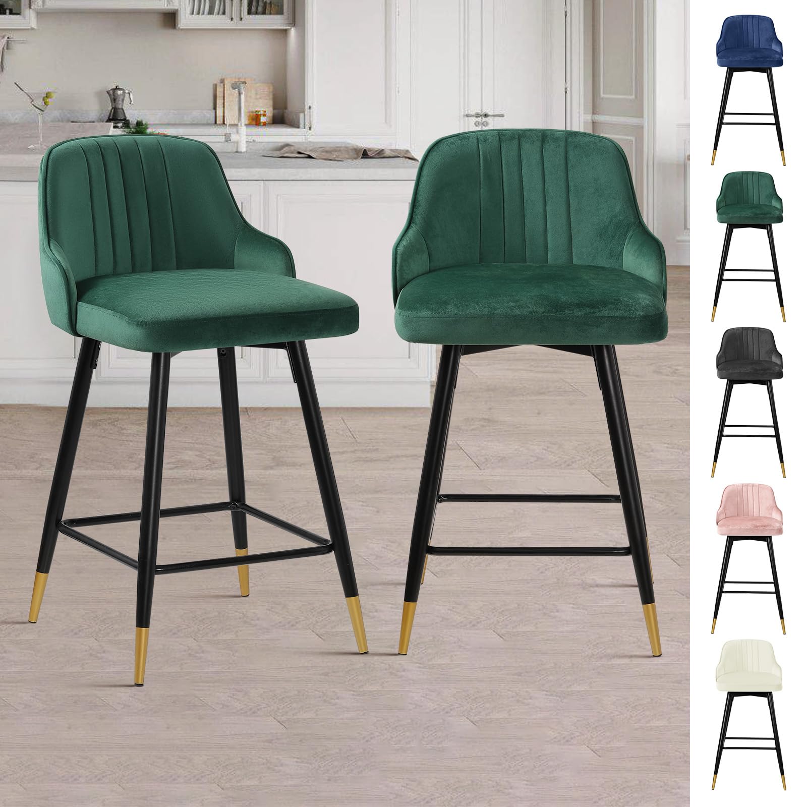 Bekrvio Swivel 65cm Counter Height Bar Stools Set of 2,Velvet Upholstered Kitchen Stools with Back,For 88–95cm Kitchen Island & Counter,Metal Frame, Support 150kg — image 1