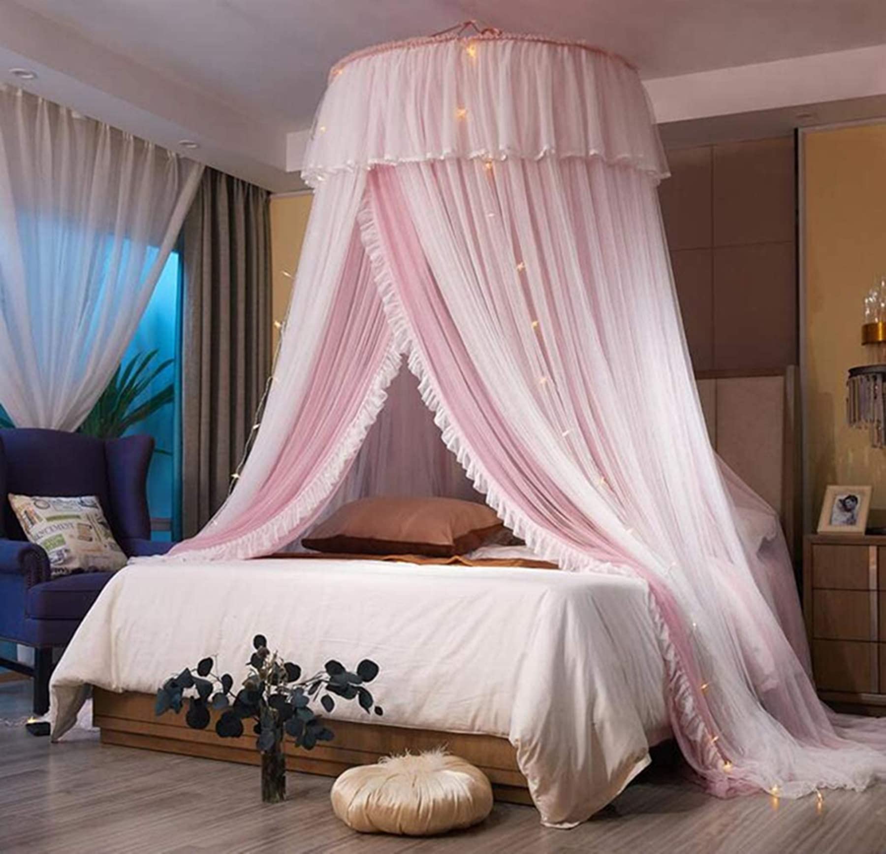 Baldaquin de lit Princesse pour Filles Rideau de baldaquin Double Couche Voile Transparent Dôme Rideau de lit en Dentelle Ronde Moustiquaire deTente pour décoration de Chambre(Rose/Blanc)