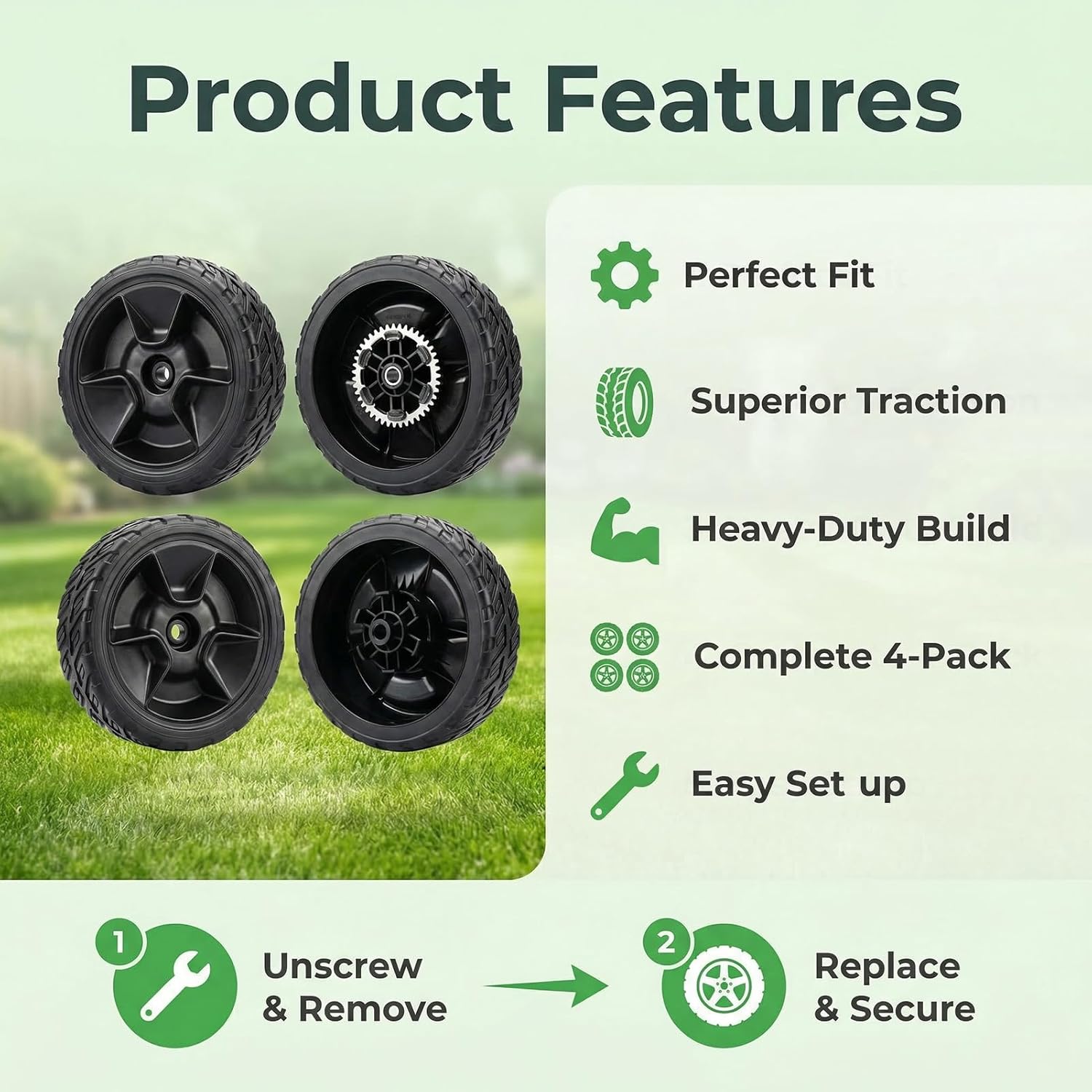 4 Pack 8" Lawn Mower Wheels Kit for Honda HRN216, Includes 2 42710-VR8-N00ZA Rear Wheels & 2 44710-VR8-N00ZA Front Wheels, Compatible with HRN216 VKA VYA VLA Models