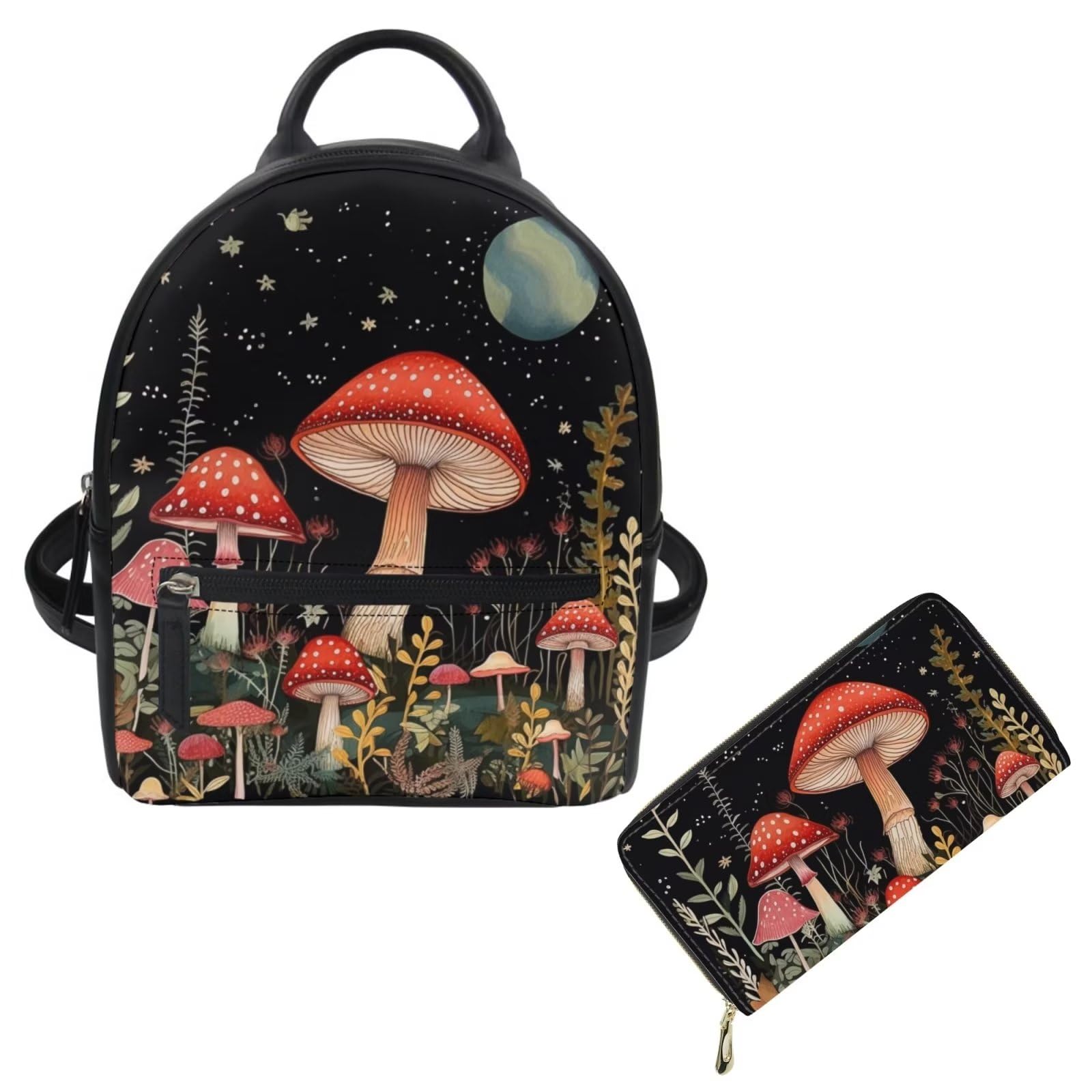Showudesigns Mushroom Mini Backpack Purse Set for Women Small Shoulder Bag Moon Daypack Small Travel Shopping Bag Handbag Tote 2 Pack Wallets Teenager