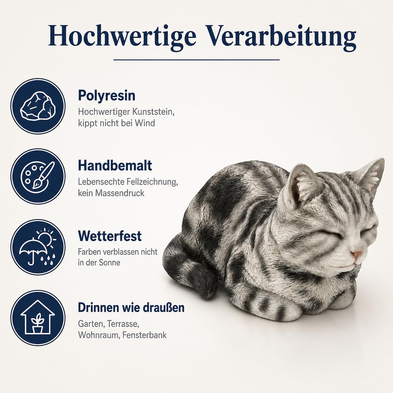 Figuren Shop GmbH Katzenfigur schlafend 34 cm – liegende Tigerkatze grau getigert aus Polyresin, handbemalt und wetterfest – Tierfigur für Garten, Beet, Terrasse und Wohnzimmer