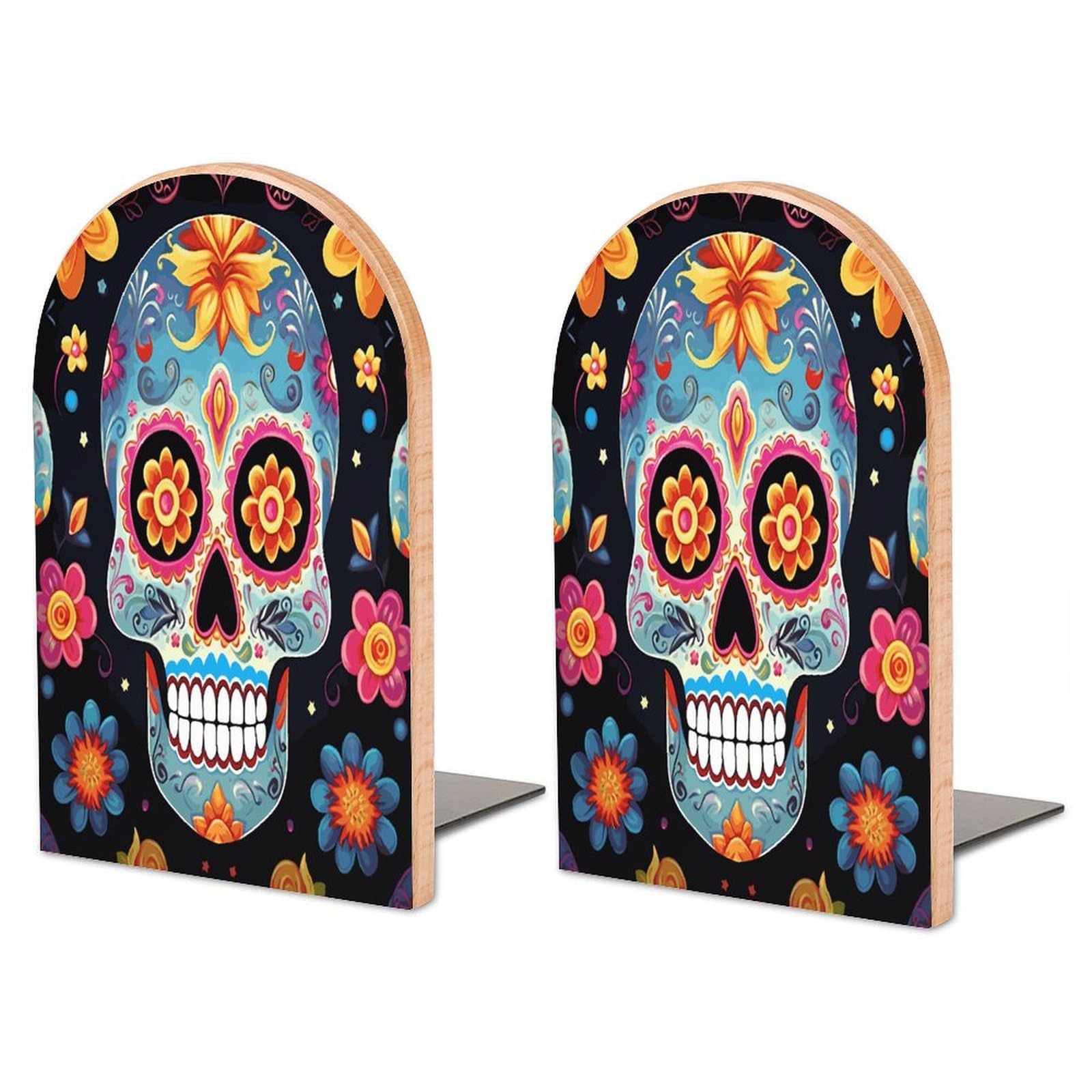 Large Sugar Skulls Book End with Metal Base Fashion Heavy Duty Bookend Exquisite Wooden Bookends Non-Skid Book Stopper for Shelves Books Organizer for Office Home 1 Pair