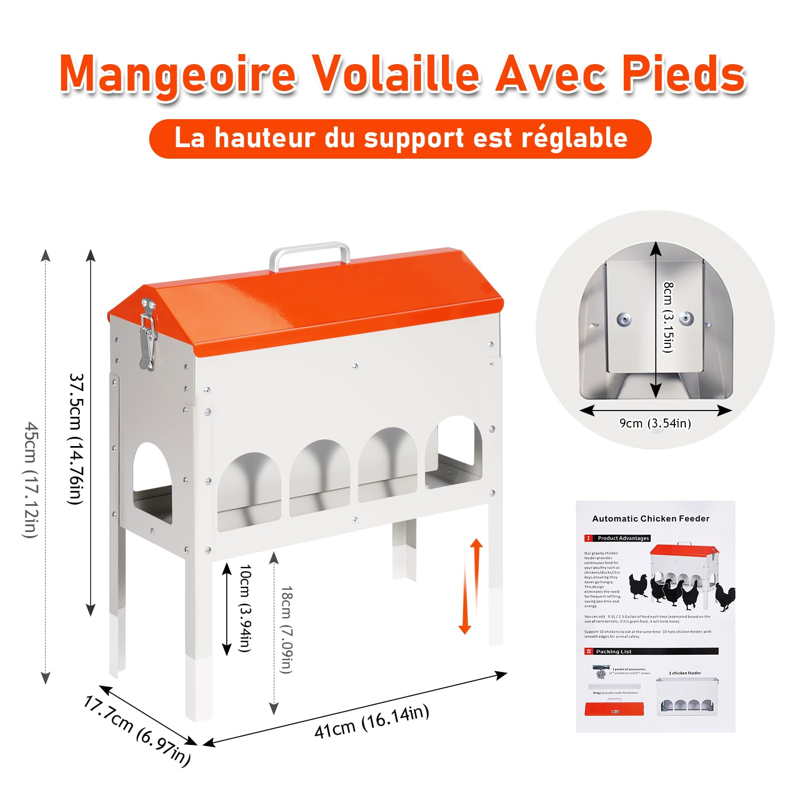 Mangeoire Automatique Poule en Métal, 5kg Distributeur Graines Poules, Poultry Feeder Pigeons Et Canards, Réglable en Hauteur, Accessoire Poulailler