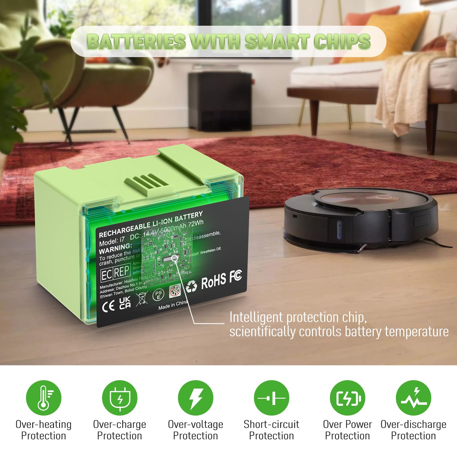 5000mAh (72Wh) 14,4V i7 Ersatzakku für iRobot Roomba i7 i7+ i3 i3+ i4 i4+ e5 e6, Hochkapazität Lithium-Ionen Akku kompatibel mit 7150 7550 3150 3550 5150 i7158 i7550 i755020
