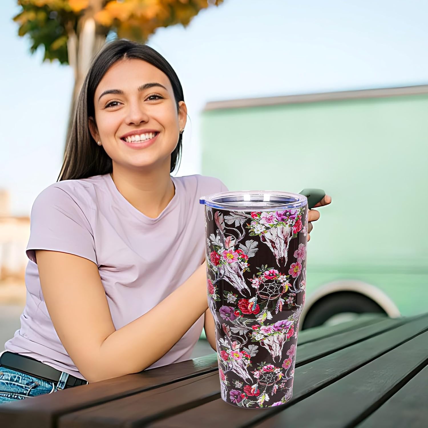 30oz Floral Stainless Steel Tumblers Travel Mug with Lid Vacuum Double Wall Insulation Drinking Cup Western CowCompound festival Gifts for Women (Black Bullskull) - Image 8
