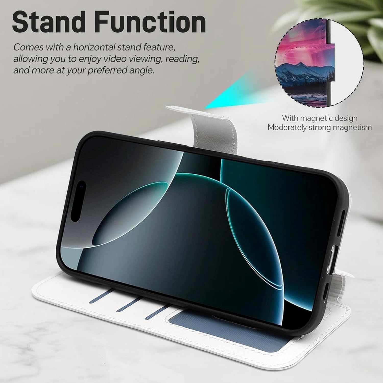 Northern Lights Red Blue Green Compatible with iPhone 16/16 Plus/16 Pro/16 Pro Max/16 E Case Phone Wallet Card Holder Flip Cover with Wrist Strap