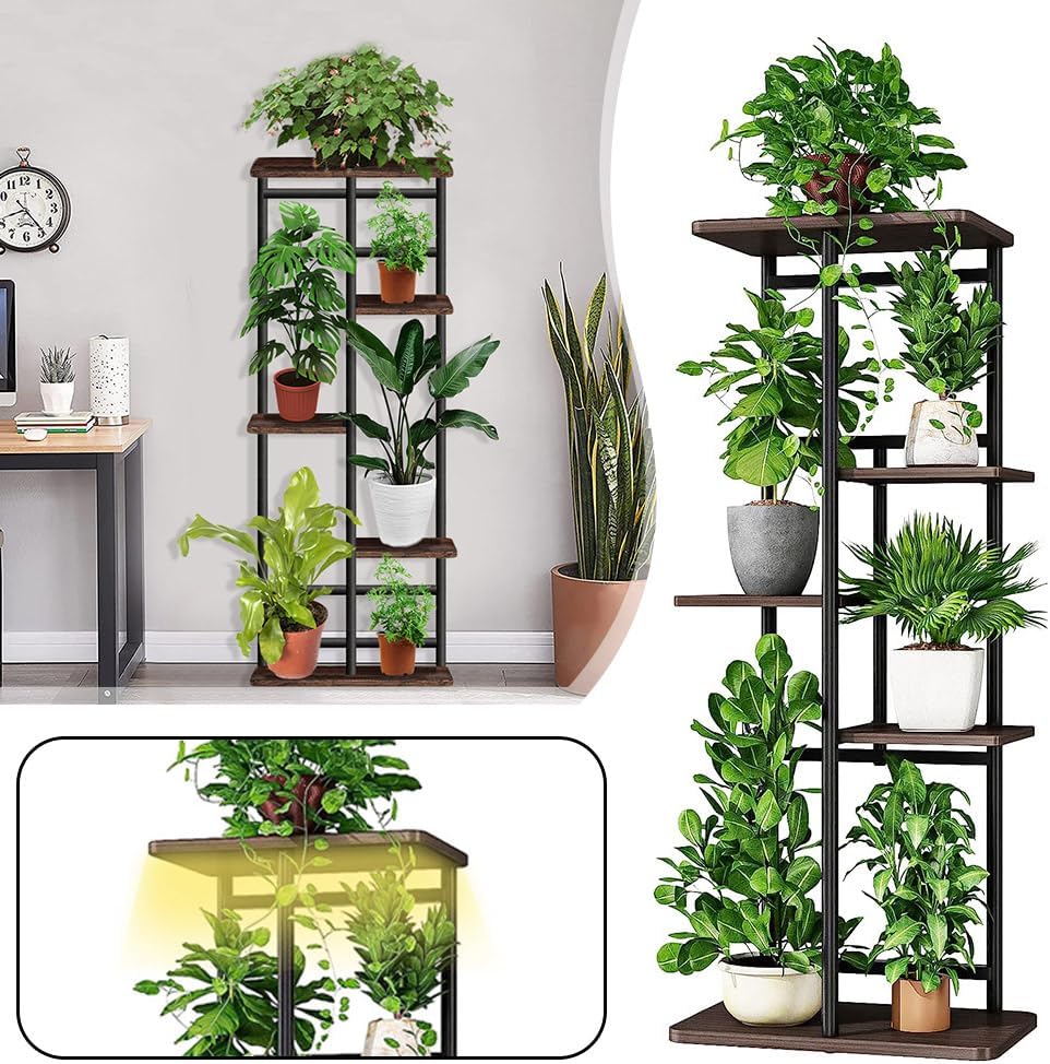 Plant Stand Indoor with Grow Lights Multiple Flower Planter Pot Holder Shelf Rack Display for Patio Garden Corner Balcony Living Room (5 Tiers Black Oak)