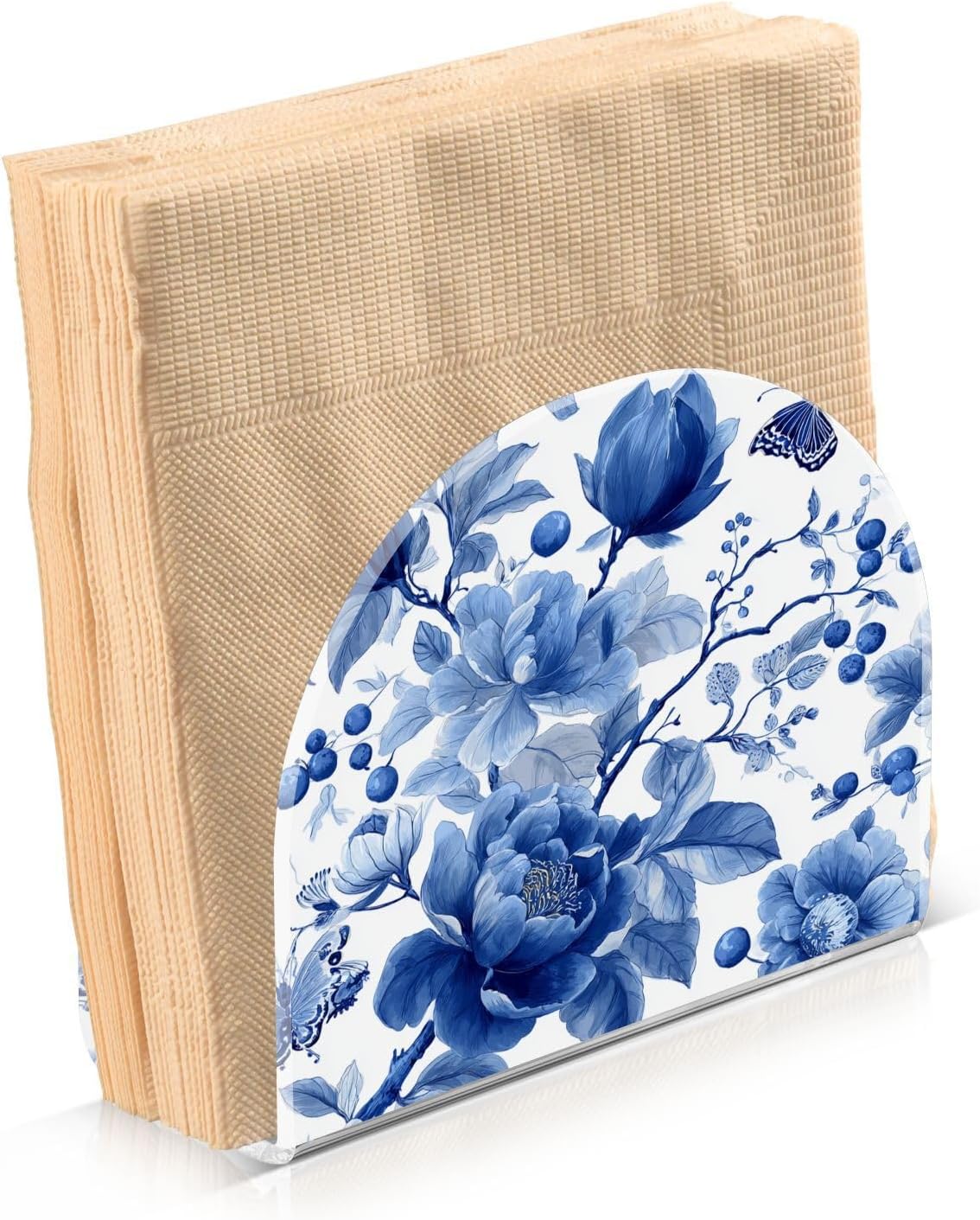 Napkin Holder for Table Upright Napkins Dispenser Kitchen Acrylic Tissue Dispensers Holders for Cocktail Hotel Restaurant Home Outdoor Decor 1 Pack Blue and White Flower Butterfly