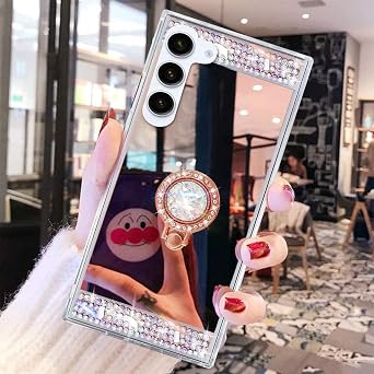 LUVI Compatible with Galaxy S23 Makeup Mirror Case Diamond Glitter Rhinestone with Ring Stand Kickstand Cute for Girls Women Protector Cover Bling Crystal Ring Holder Finger Grip Phone Case Rose Gold