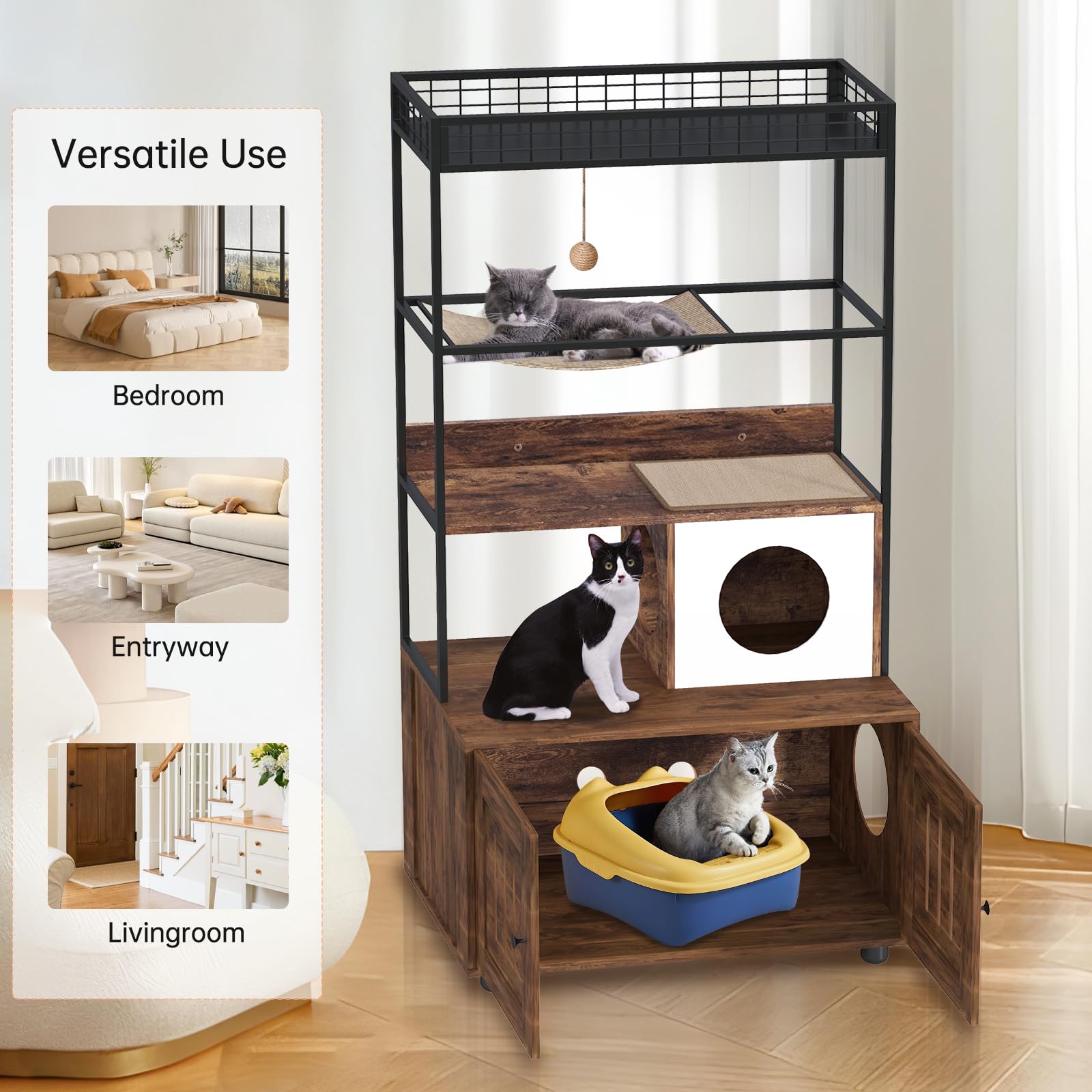 Litter Box Enclosure with Storage Shelves 2-in-1 Hidden Cat Litter Box Enclosure Furniture Wooden Cat House, Large Indoor Cabinet for Livingroom & Entryway