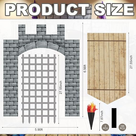 Frienda 105 Pcs Medieval Party Decorations Kit 5.9x6.6 ft Medieval Castle Backdrop Prison Fence Door Cover Fence Rug with 2 Torch Props 100 Paper Chain Brick Stone Fort for Knight Castle Photo Props