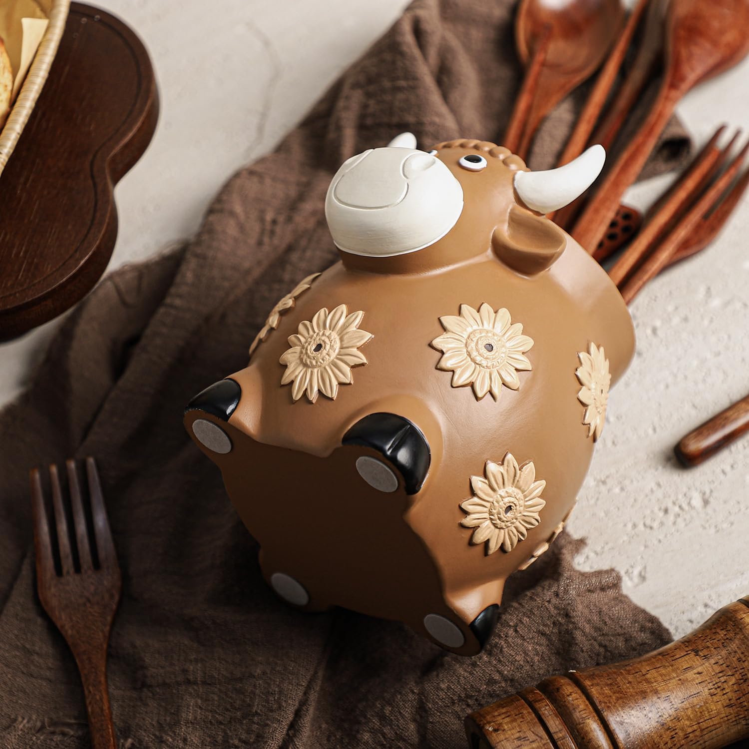 Resin Cow and Sunflower Embossed Kitchen Utensil Holder, Large Cooking Utensil Crocks for Countertop