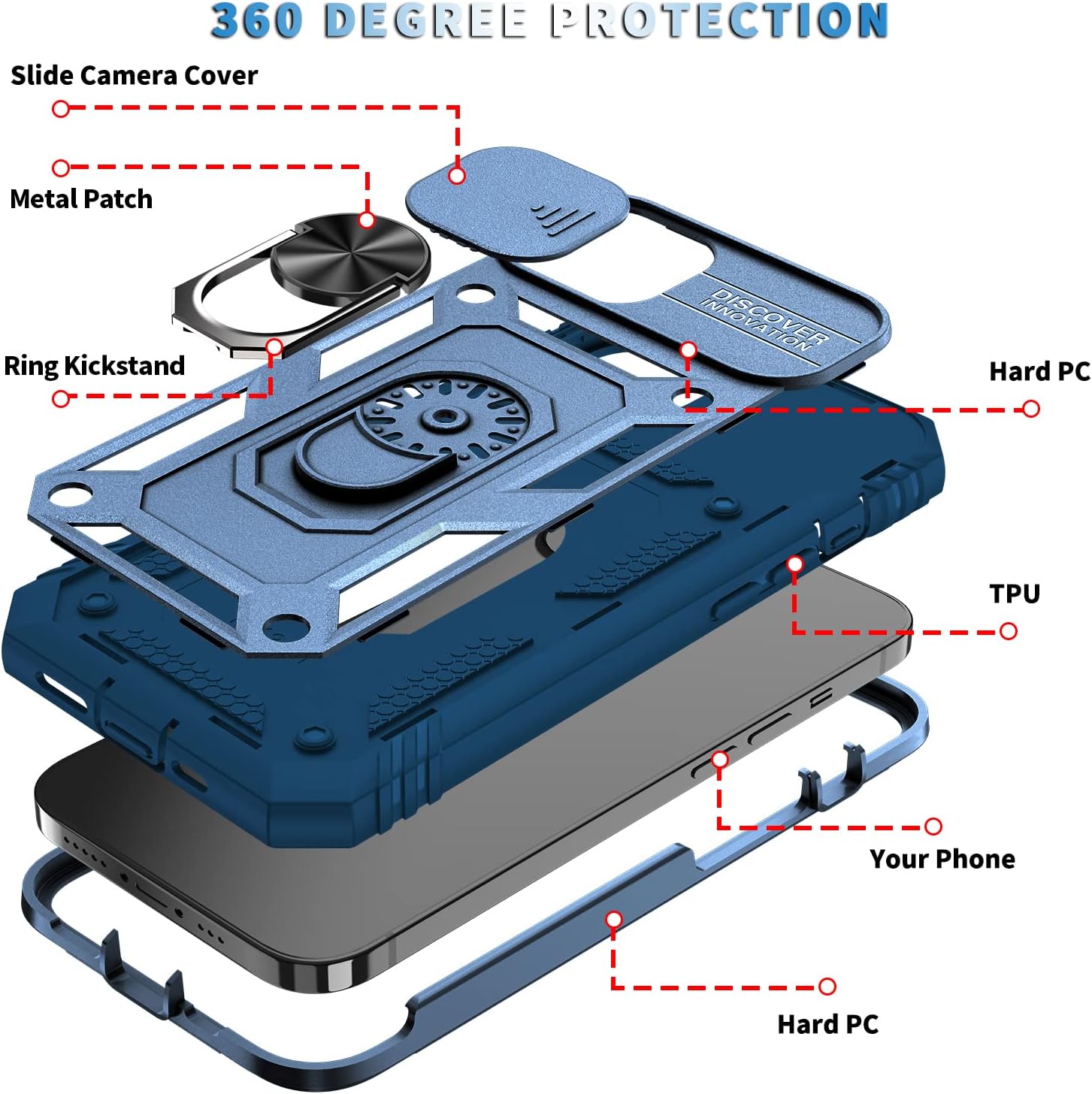 Anynve Designed for iPhone 13 Case Heavy Duty with Camera Cover, iPhone 14 Case Military Grade Armor Rugged Protection Case -Dark Blue 6.1inch [1x Glass Screen Protector]