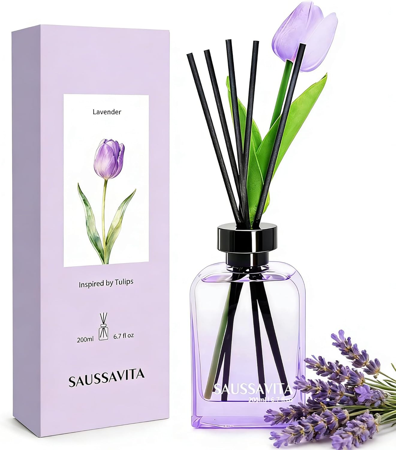 Reed Diffuser Set French Juniper & Lavender Scent with 10 Sticks & Tulip Flowers Decor, 200ml Diffusers Flower Narrow Spaces for 120 Days, Home Fragrance Air Freshener Long Lasting for Bathroom Office