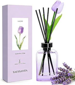 Reed Diffuser Set French Juniper & Lavender Scent 200ml for 120 Days | Diffusers with 10 Sticks & Tulip Flowers for Narrow Spaces, Home Fragrance Air Freshener Long Lasting for Bathroom Office