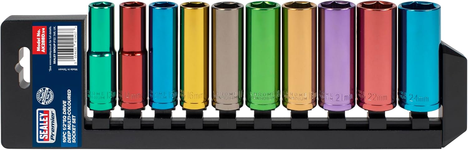 Sealey AK288D Deep Multi-Coloured Socket Set, 1/2" Square Drive, 6PT Metric, 10 Pieces