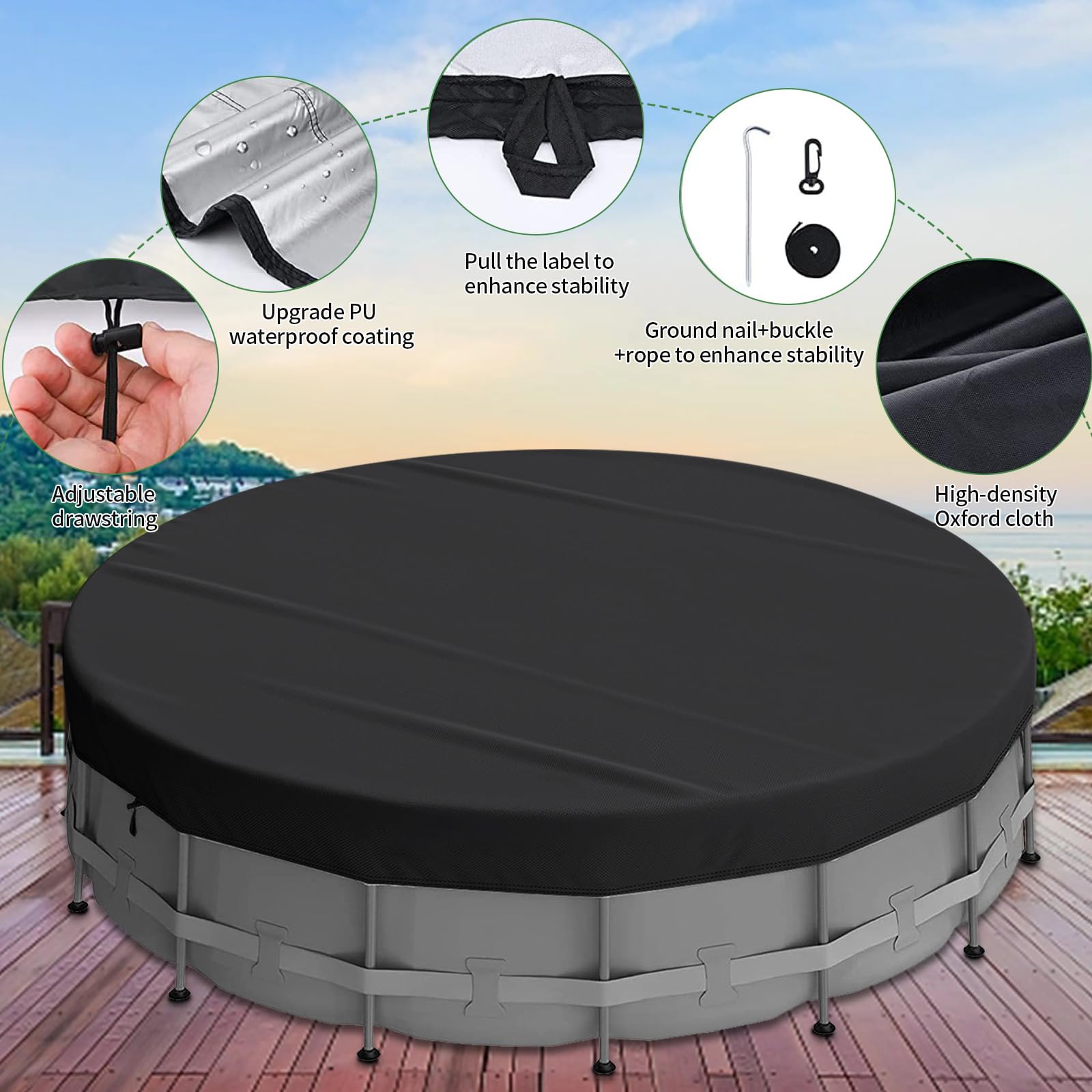 Cubierta de piscina redonda 300/360/450 cm, resistente al agua y al polvo, protección UV, con cordón y clavos para el suelo, para piscinas sobre el suelo, bañeras (negro, 450 cm)