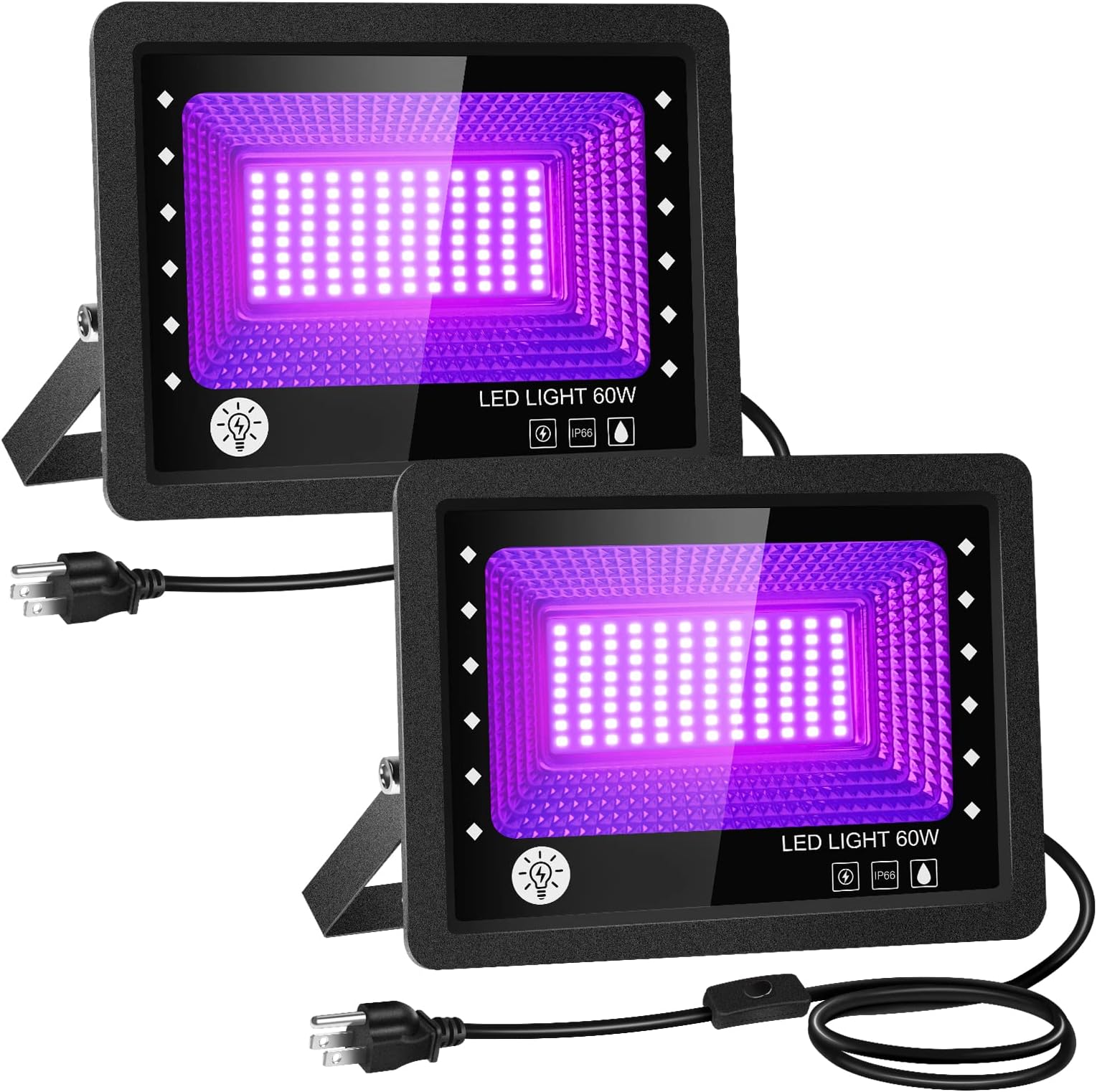 FastDeng 60W UV LED Black Lights - 2Pack Flood Light with Plug and Switch, IP66 Waterproof Blacklight for Halloween Decor, Glow in The Dark, Stage Lighting, Body Paint, Fluorescent Poster, Neon Glow