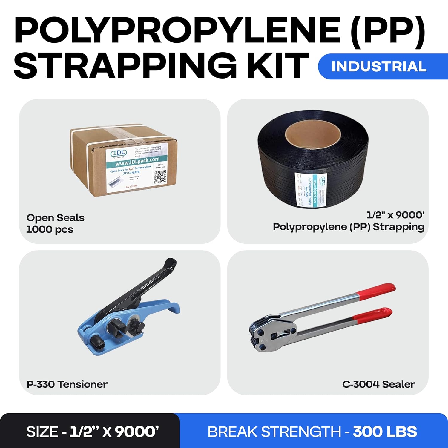 IDL Packaging Industrial 1/2" x 9000' Polypropylene (PP) Strapping Kit, 300 lbs Break Strength – Complete Packaging Poly Strapping Solution – Enough Strapping and Seals for 1000 Uses Before
