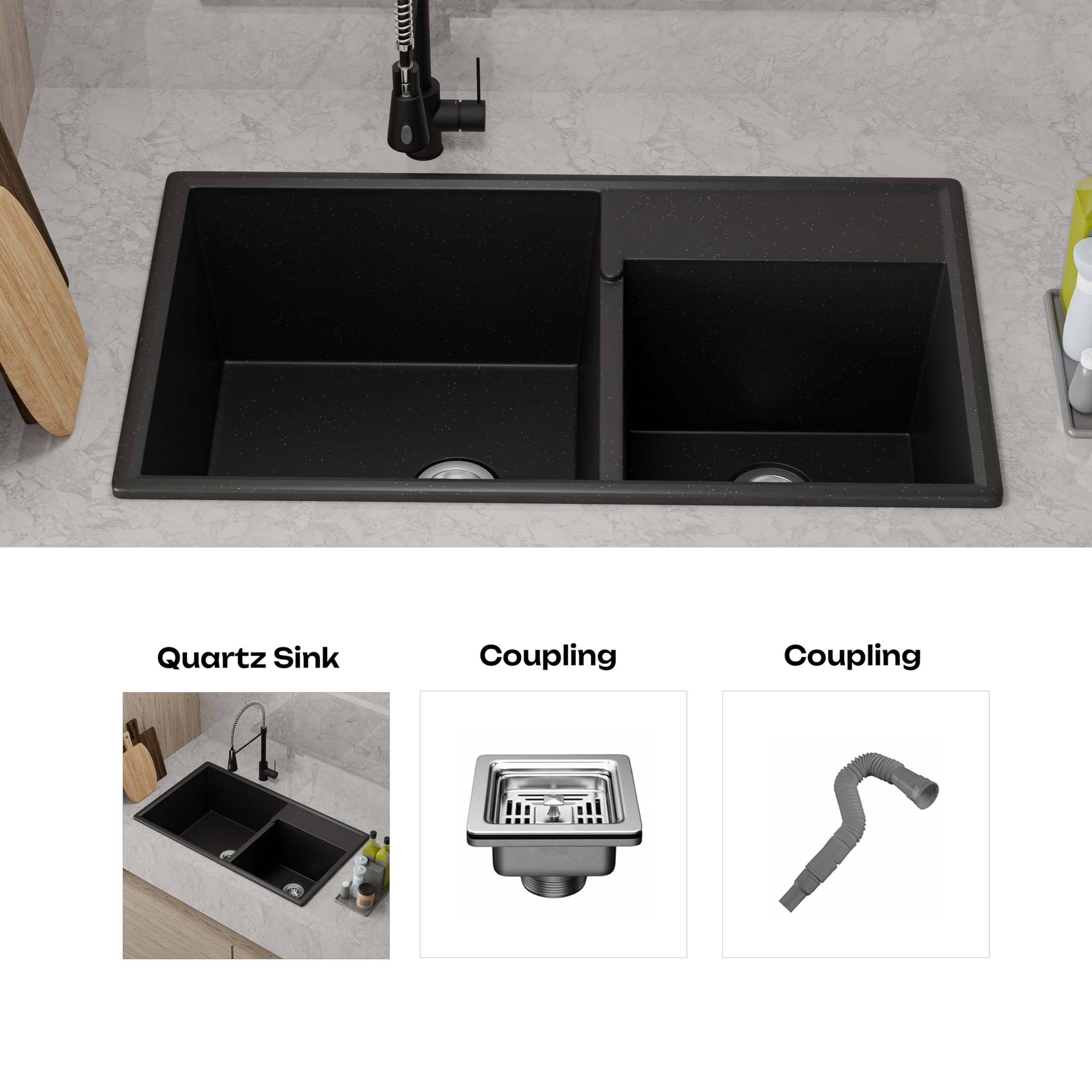 HISRE Quartz Kitchen Sink | 31x18x9 Inches Double Bowl Quartz Sink for Kitchen | UV Protected Sound Dampening Scratch Resistant Noise Reducing Durable and Easy to Clean | Black, photo 5 of 5