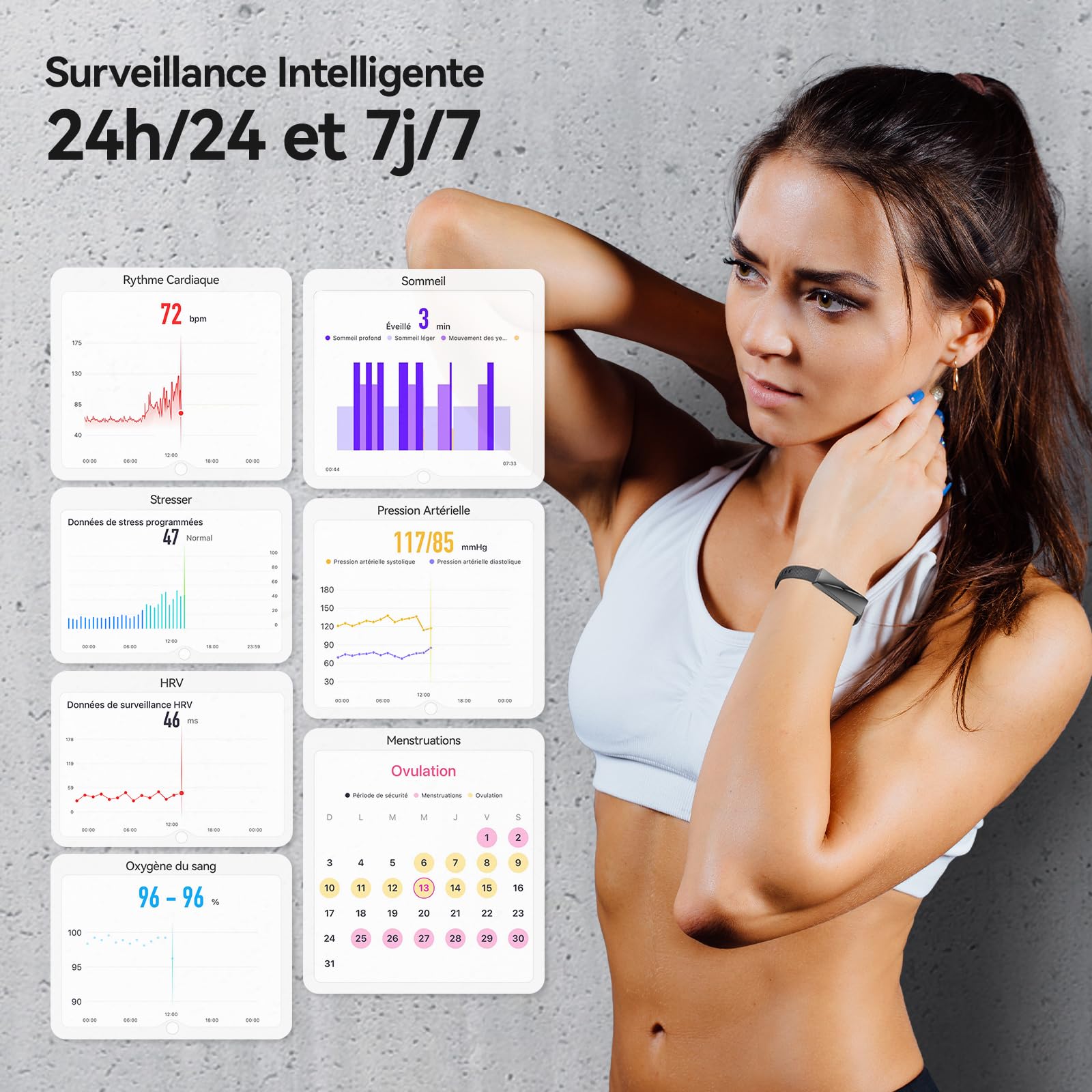 Smart Fashion Bracelet Connecté sans Écran, Smartwatch Fitness Tracker avec Suivi 24/7 Activité, Sommeil & Fréquence Cardiaque, Modes Multisports, Autonomie 15 Jours IP68 (Noir)
