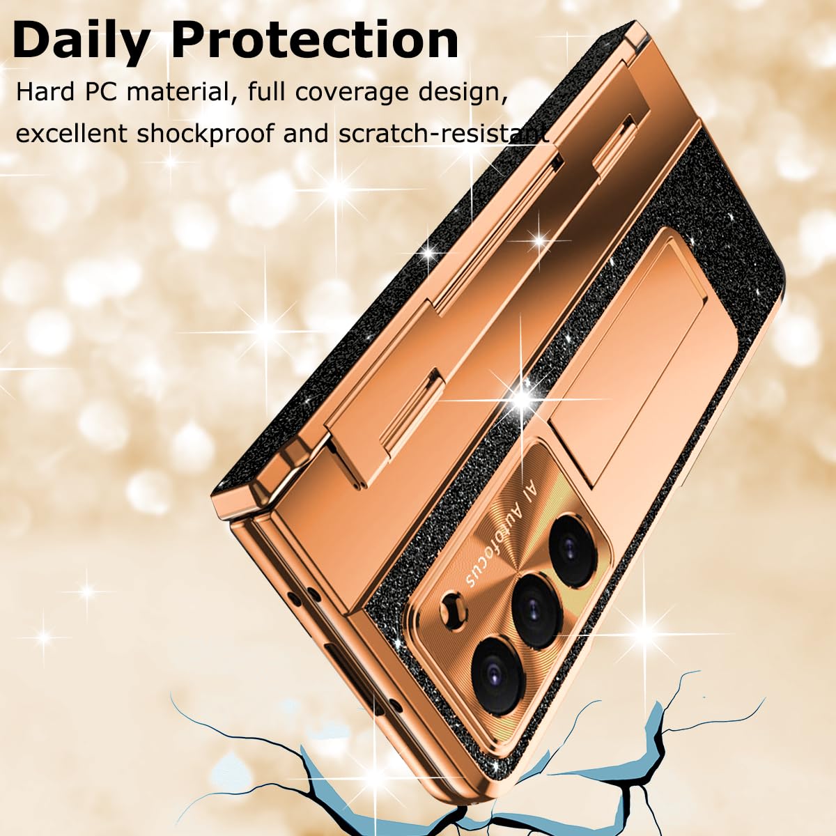 Custodia per Samsung Galaxy Z Fold 4 da donna, [include pennino] [portapenna S pastable] lussuosa custodia in pelle PC con placcatura glitterata integrata con pellicola protettiva per lo