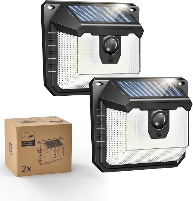 Philips Outdoor Solar Lights with Motion Sensor, 120 LED Solar Security Wall Lights, 3 Lighting Modes, Waterproof Outdoor Lamp for Yard, Fence, Garden & Garage, 2 Pack