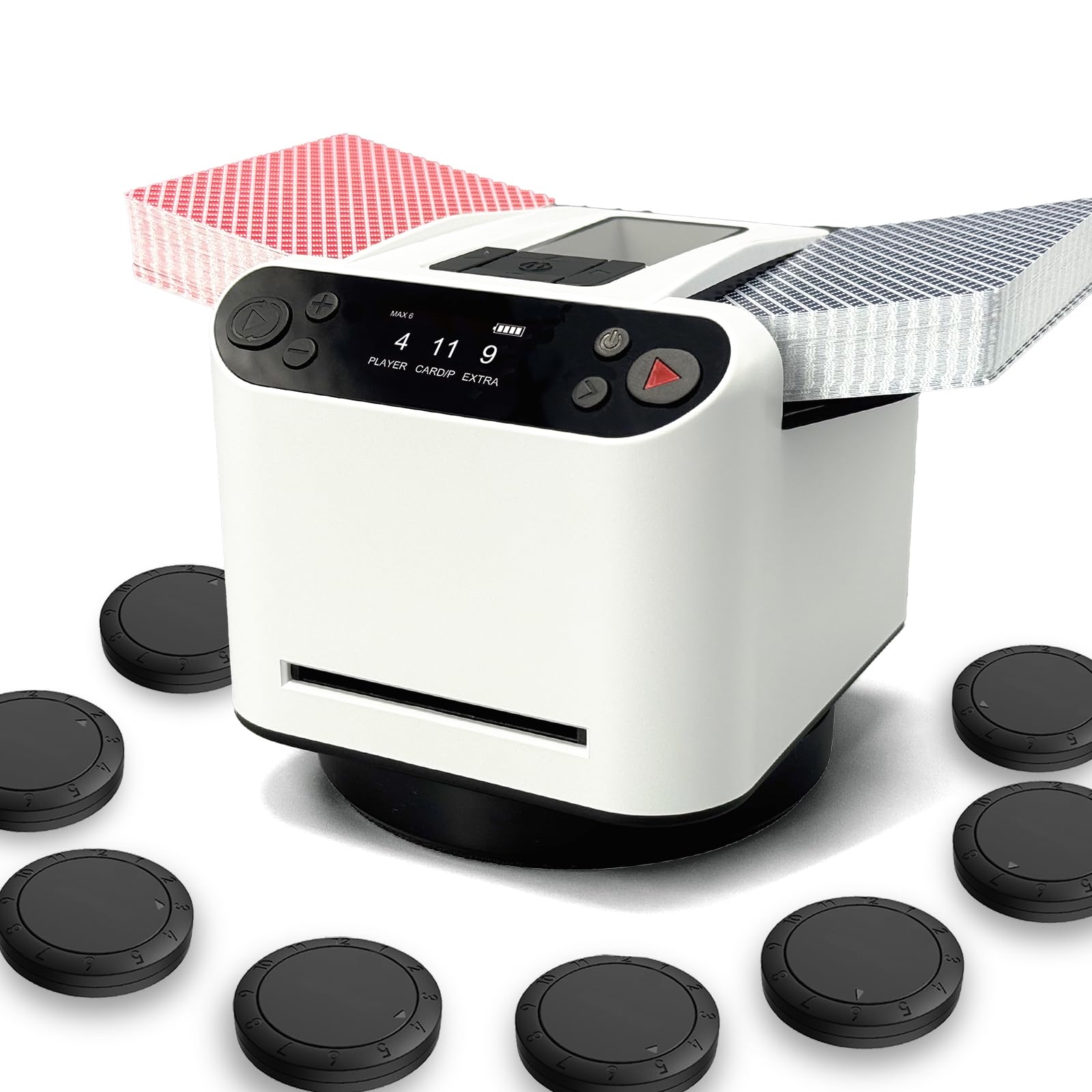 Automatic Card Shuffler and Dealer,2 Decks Shuffle,5 Preset Games,Support 12 Players,Ultra Quiet,Rechargeable,for Poker,Blackjack,UNO,Phase 10,Five Crowns,8 Drawing Remotes (White+8 Remotes)