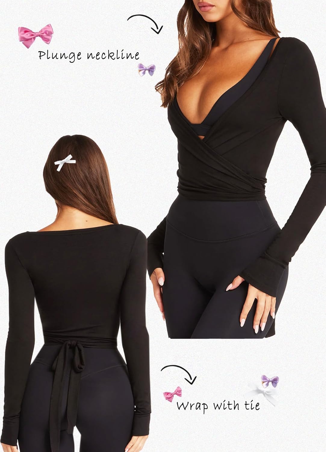 Navneet Women Long Sleeve Ballet Pilates Yoga Wrap Tie Front Tops Workout Gym Shirts Cardigan - Image 2