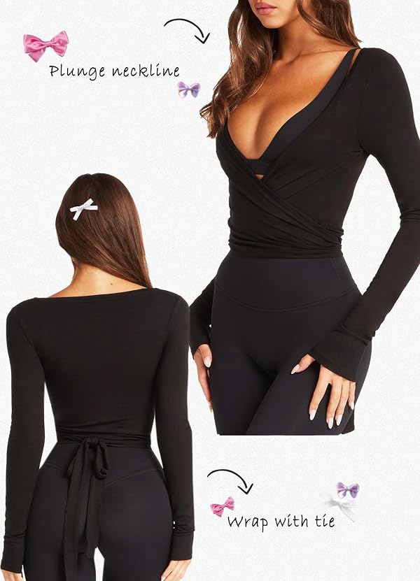 Navneet Women Long Sleeve Ballet Pilates Yoga Wrap Tie Front Tops Workout Gym Shirts Cardigan Black XS by Navneet - Used condition - Image 2