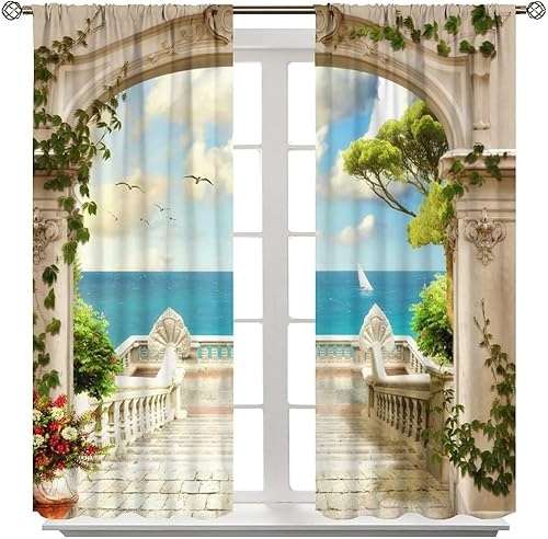 Miniatura 8 de Cortinas de ventana de playa tropical de verano, cielo azul, mar, arco clásico, floral, vides, terraza, gaviotas, dormitorio, estudio, habitación de