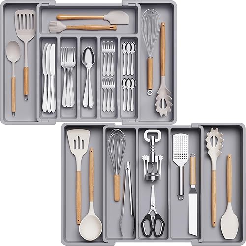 Lifewit Organizador de cajones y organizador de utensilios, bandeja de cocina expandible para cocina, soporte de cubiertos de plástico ajustable,