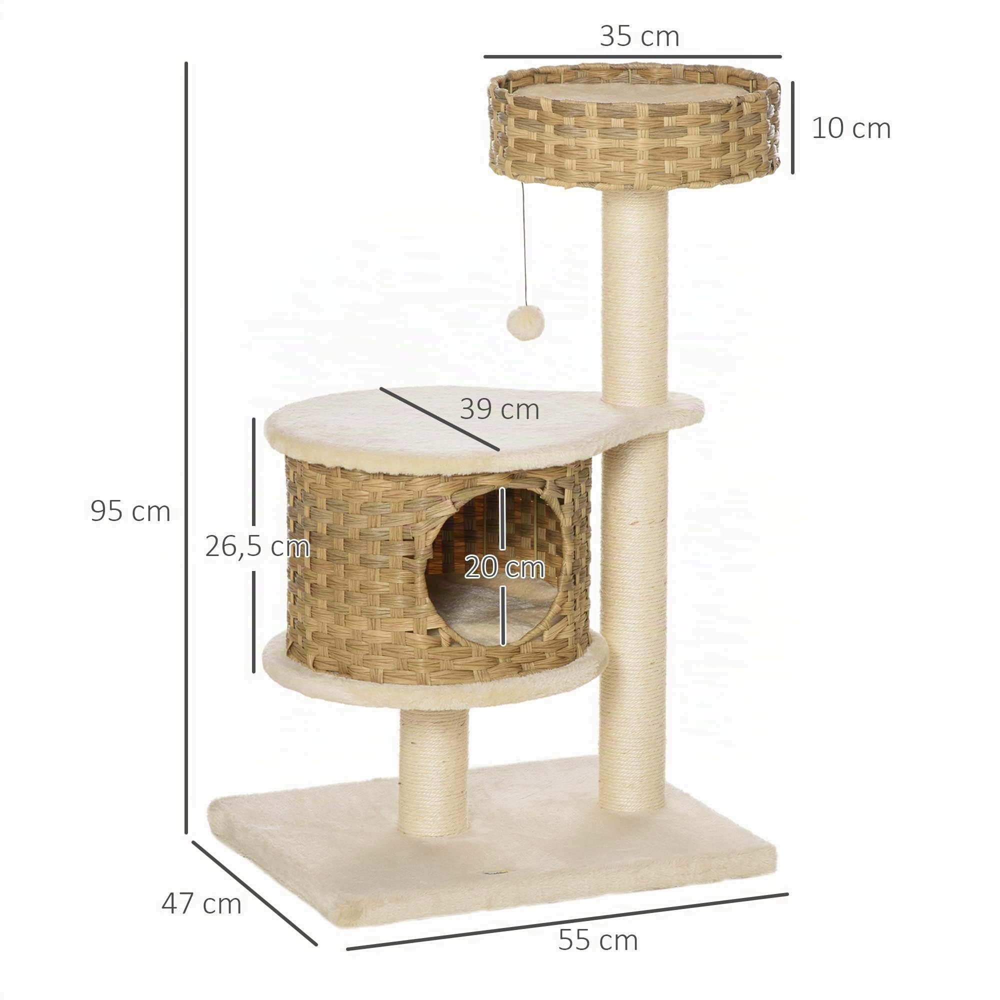 PawHut Poste rascador de ratán de 95 cm de Altura árbol para Gatos de 3 Niveles con Plataforma, Cama para Gatos, árbol trepador con Cueva para Gatos Troncos de sisal Pelotas de Juego Muebles para