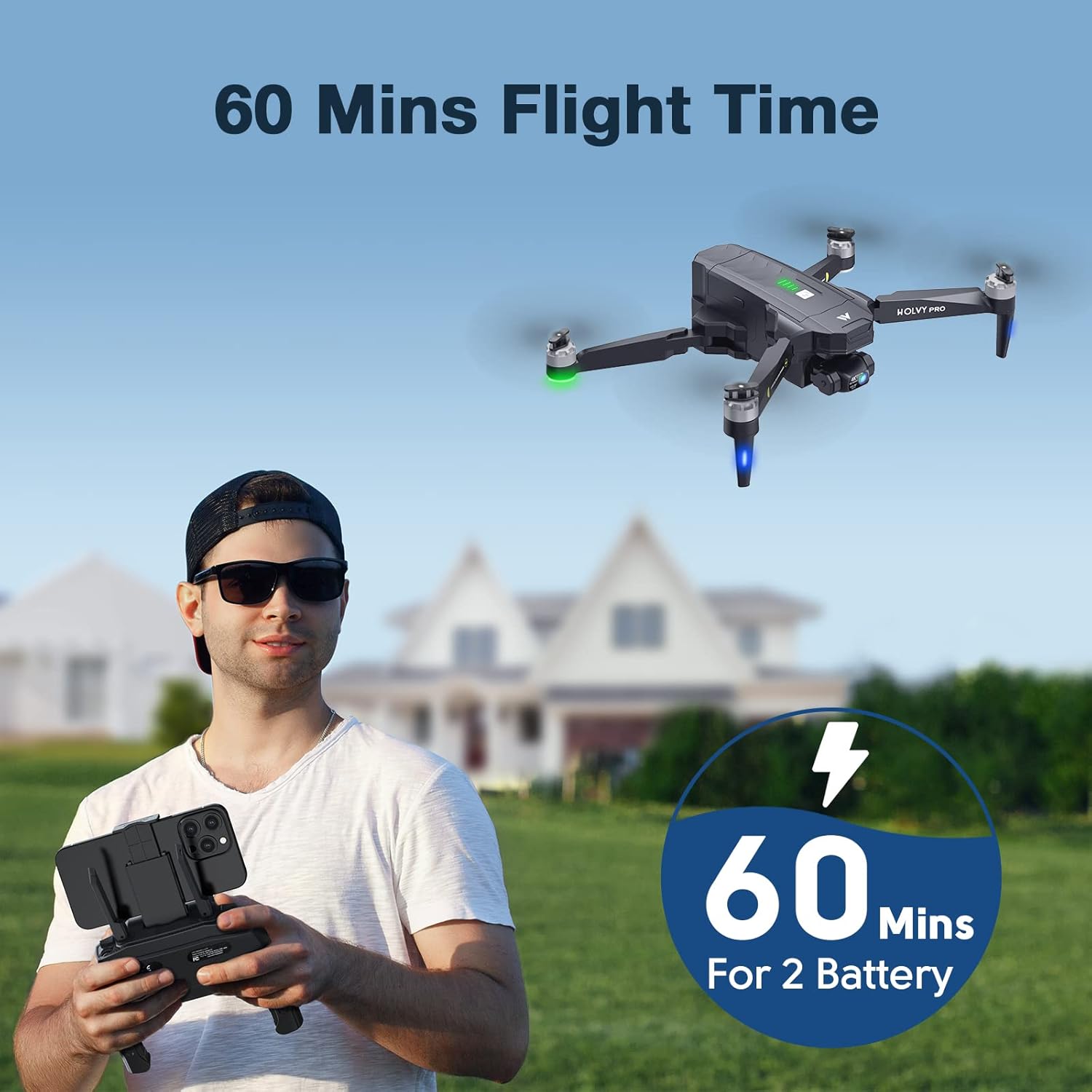 Diagram showing two drone batteries and 60 minutes flight time