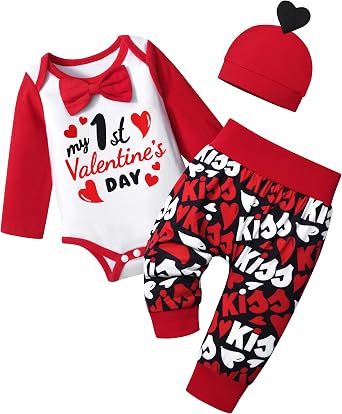 MIGU Baby Boy Valentines Day Outfit Long Sleeve Romper+Pants+Hat My First Valentines Day Baby Boy Outfit 3Pcs Spring Outfit