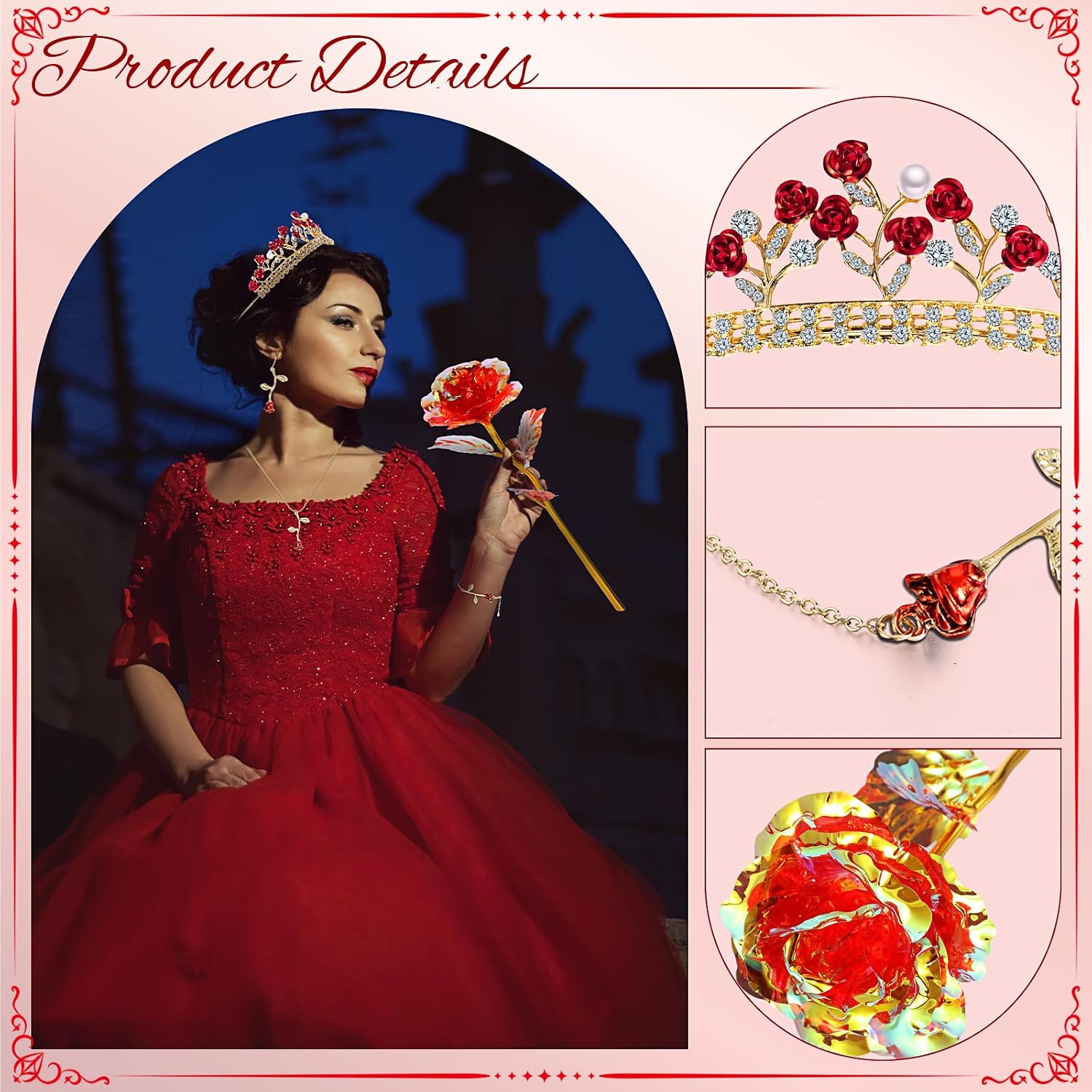 Abbylike 5 Pcs Women Costume Accessories Queen Rose Crown Pendent Bracelet Jewelry Earrings Artificial Rose for Wedding Birthday Gifts