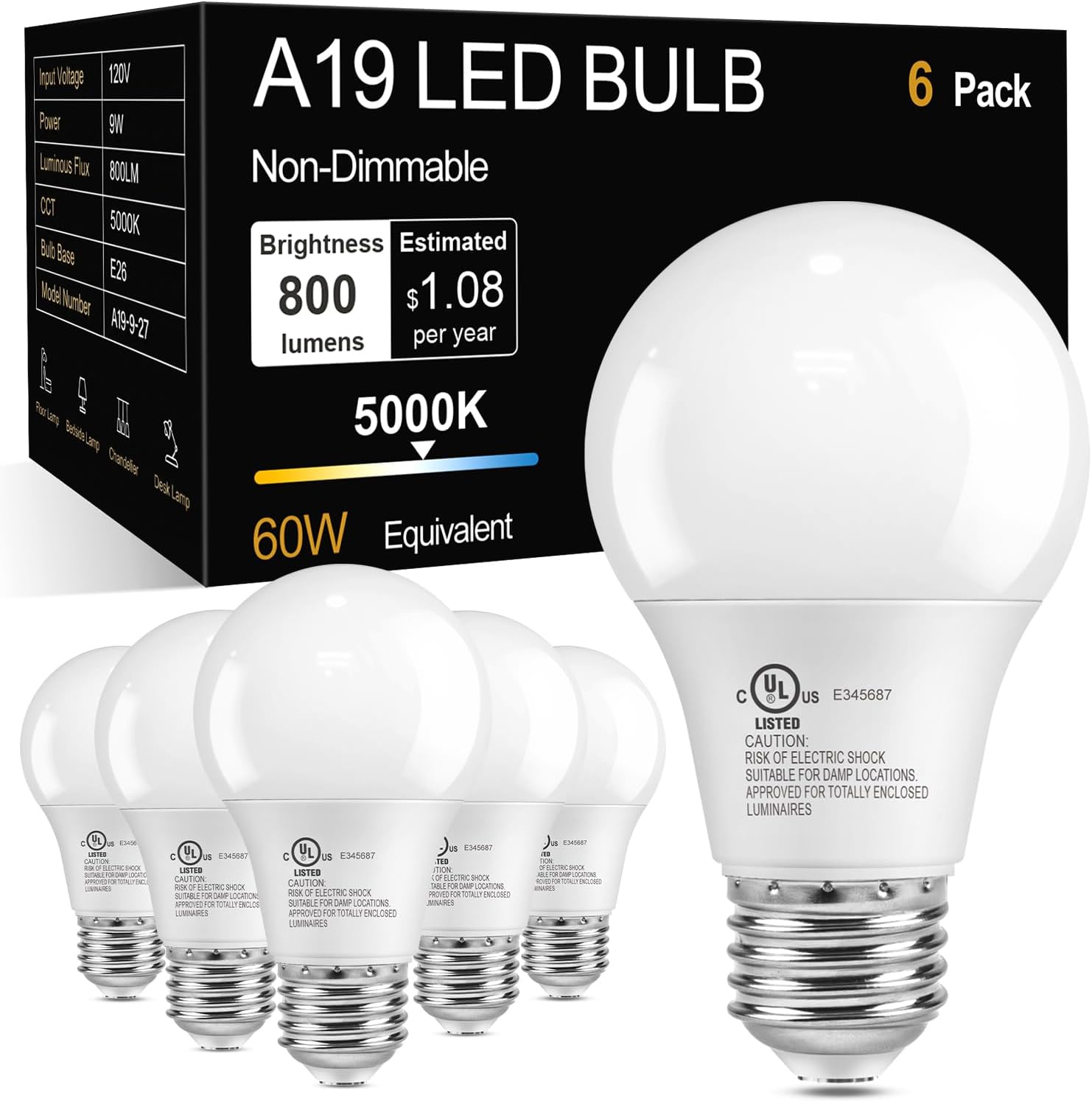 TJOY A19 LED Light Bulbs, 5000K Daylight Bright White, 60W Eq, Standard E26