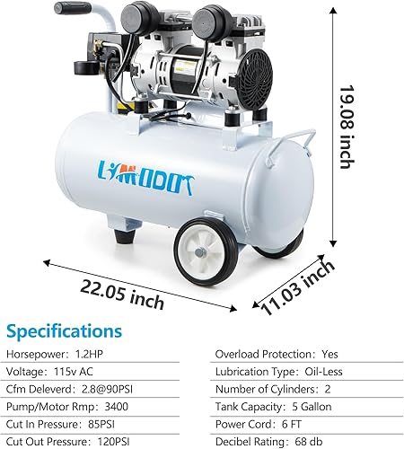 Vista 29 de Compresor de aire ultra silencioso, solo 60 dB, tanque de acero de 1 galón, sin aceite, compresor de aire eléctrico perfecto para clavos